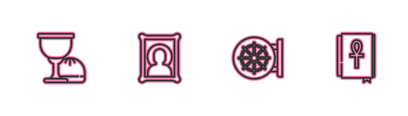 Set line Holy grail or chalice, Dharma wheel, Christian icon and Cross ankh book icon. Vector.