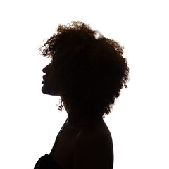 Black profile of an African woman on a white background, shaded silhouette, head and shoulders. - 419366854