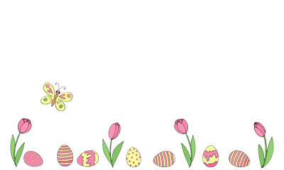 Easter spring background with growing flowers tulips and eggs on the bottom edge