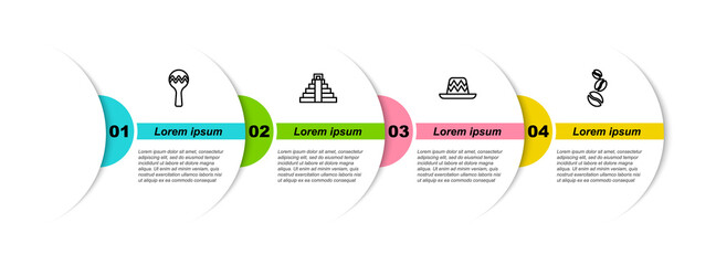 Set line Maracas, Chichen Itza in Mayan, Mexican sombrero and Coffee beans. Business infographic template. Vector.