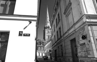 black and white cityscape of old town in fair-weather 