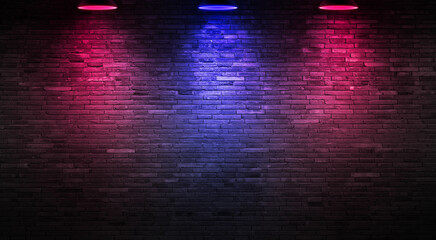 Black brick wall background rough concrete with neon lights and glowing lights. Lighting effect pink and blue on empty brick wall background