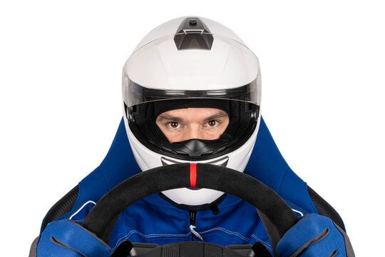 Race Or Rallye Driver Blue Overall Suit With Steering Wheel And Crash Helmet In Racing Seat Isolated  White Background. Motorsport Esports Simracing Concept.