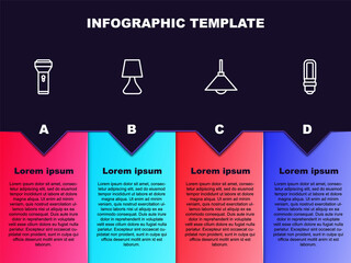 Set line Flashlight, Table lamp, Lamp hanging and LED bulb. Business infographic template. Vector.