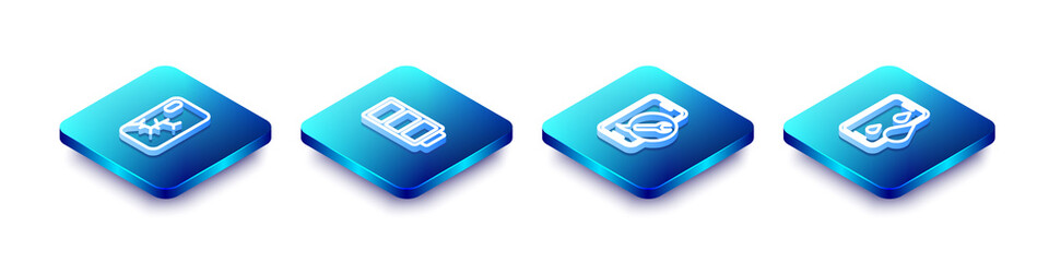 Set Isometric line Mobile with broken screen, Battery, service and Waterproof phone icon. Vector.