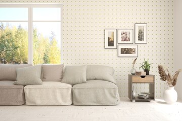 Fototapeta premium Stylish room in white color with sofa and autumn landscape in window. Scandinavian interior design. 3D illustration