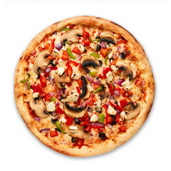 Pizza with sausages and red onion on a white background. Top view.Very high quality photo.