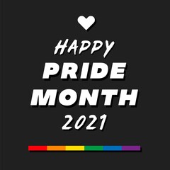 Fototapeta premium Pride month 2021 logo card with minority flag.Banner Love is love.Rainbow Pride symbol with heart,LGBT,sexual minorities,gays and lesbians.Designer sign,logo,icon:colorful rainbow in background.Vector