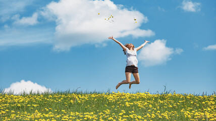 Happy woman jump for joy with laugh on nature spring. Woman power and freedom.