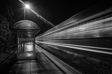 Long exposure shot of a train at an empty station at night