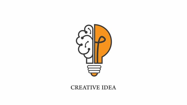 Creative idea video animation with a half of light bulb and brain isolated on white background. Symbol of creativity.