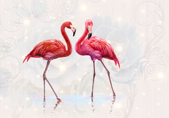 2 Flamingo with background wood and flowers with light wallpaper 3d
