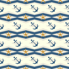 Nautical seamless pattern with anchor and starfish on a zigzag, chevron geometric background graphic design.  Pattern in swatch