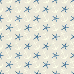 Nautical seamless pattern with anchor and starfish