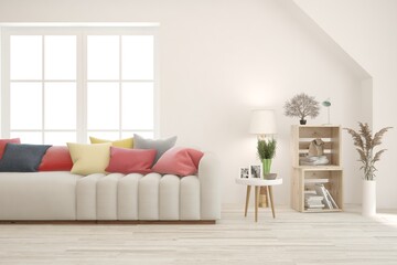 White living room with sofa. Scandinavian interior design. 3D illustration