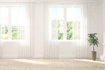 Fototapeta premium White empty room with summer landscape in window. Scandinavian interior design. 3D illustration