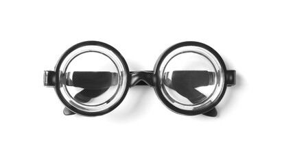 Fototapeta na wymiar Funny glasses isolated on white, top view. Clown's accessory
