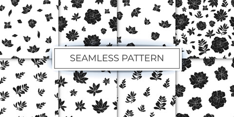 Fototapeta premium collection of seamless patterns of flowers succulents graphics sketch hand drawn white and black