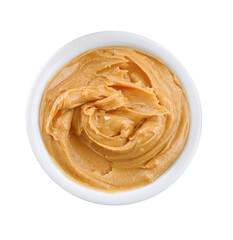 Delicious peanut butter in bowl isolated on white, top view