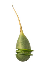 Green radish is cut into juicy pieces for cooking and laid out on a white background. Healthy eating. Diet. Ecological products. Vegetarianism.