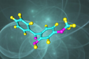 Molecular model of oxybenzone or benzophenone-3, an organic compound used in plastics as an ultraviolet light absorber and stabilizer, in sunscreens, hair sprays and cosmetics. 3d illustration