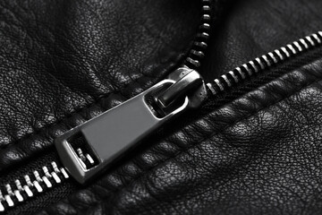 Closeup view of black leather jacket with zipper as background © New Africa