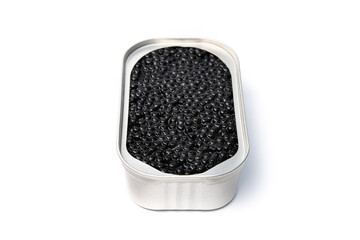 Black caviar in metal container isolated