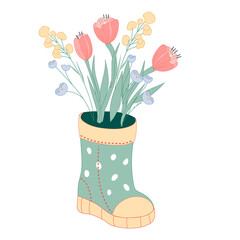 Bouquet of tulips and spring wildflowers in polka dot rubber boots, flat vector illustration isolated on white background. Spring or summer flowers in boots.