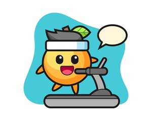 Orange fruit cartoon walking on the treadmill