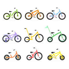 Obraz premium Bike kids icon set. Different bicycles colorful collection. Various multicolor child bikes group. Vector illustration isolated on white