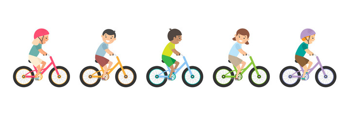 Cute happy children riding bicycles. Different kids ride bikes. Healthy lifestyle. Sport vehicles competition concept. Vector illustration isolated on white
