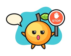 Orange fruit cartoon holding a stop sign