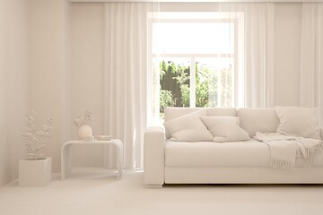 White living room with sofa and summer landscape in window. Scandinavian interior design. 3D illustration