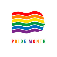 Pride month 2021 logo card with minority flag.Banner Love is love.Rainbow Pride symbol with heart,LGBT,sexual minorities,gays and lesbians.Designer sign,logo,icon:colorful rainbow in background.Vector