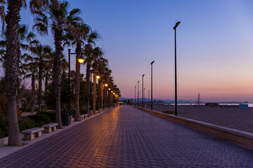 sunrise with beautiful colors at malvarosa beach of the City of valencia, costa blanca, spain