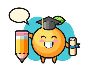 Orange fruit cartoon graduation with a giant pencil