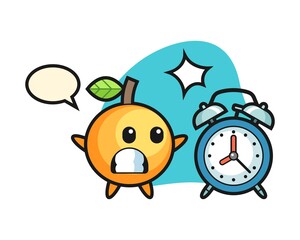 Orange fruit cartoon surprised with a giant alarm clock