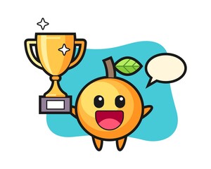 Orange fruit cartoon happy holding up the golden trophy
