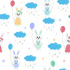 Bunny pattern with balloons among the clouds, color vector illustration