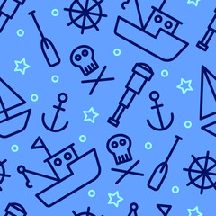 Creative seamless sea pattern with vector shapes and icons