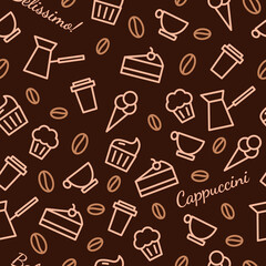Creative seamless coffee pattern with vector shapes and icons
