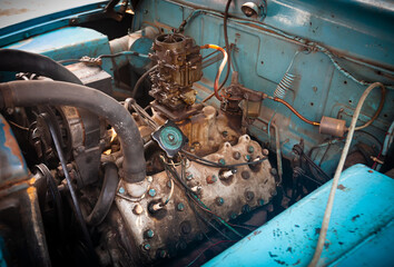 An old car engine made in the 1950s in the USA. Cuba island.