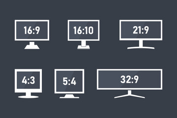 Monitor aspect ratio size, computer or tv display aspect ratio symbols set