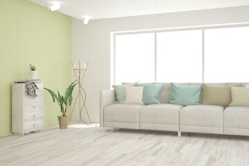 Fototapeta premium Green living room with sofa. Scandinavian interior design. 3D illustration