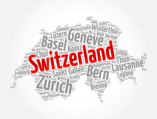List of cities and towns in Switzerland, map word cloud collage, business and travel concept background