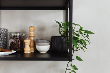 Black metal shelves in kitchen, gray concrete wall, loft style. Green flowerpots