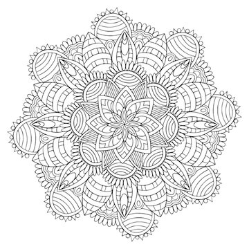 Beautiful mandala coloring book page. Vector ornamental circle with doodle and zentangle elements. Line art for meditation for adult isolated on white.