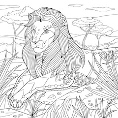 Lion lies on the ground proudly. Coloring book page for adult. African wild cat in doodle and zentangle elements. Vector hand drawn illustration for antistress.