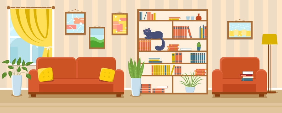 Living room interior vector banner. Cozy sofa with pillows, armchair, cat on bookcase, pants, window with curtain, pictures on the wall. Sweet home cartoon illustration of apartement with furniture.