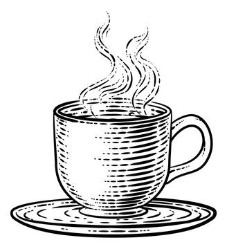 Coffee or tea cup hot drink mug in a vintage retro woodcut etching style.